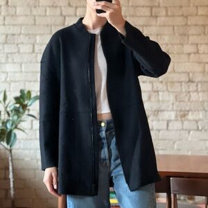 COS black boiled wool relaxed fit zip up mid length jacket | size US 6 / small